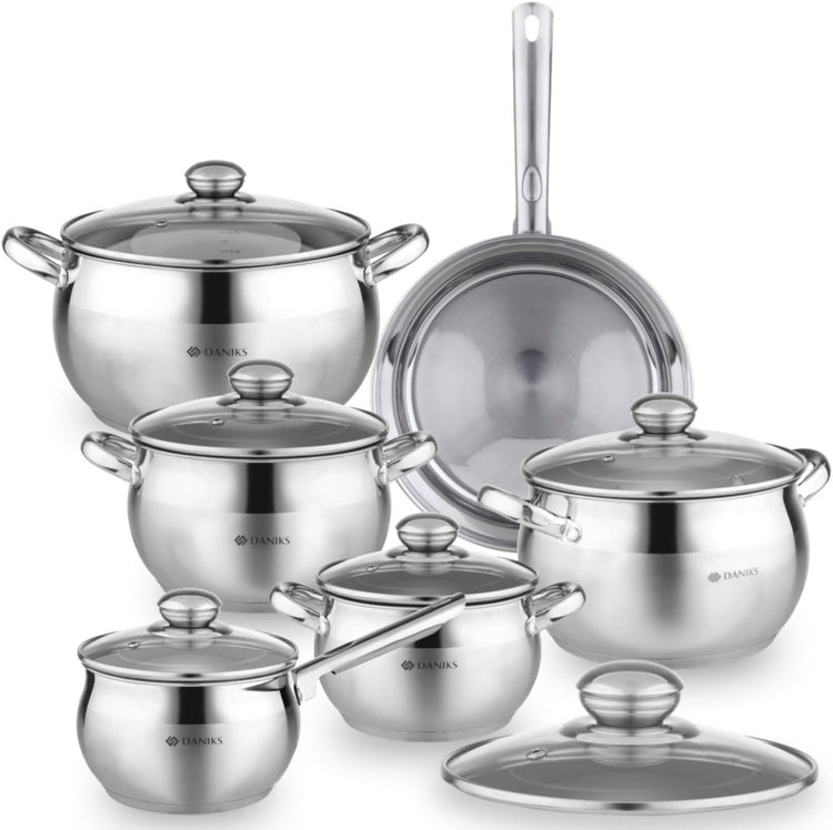 Daniks Classic Frying Pan Included, 12-Piece Stainless Steel Induction Cookware Set â Dishwasher Safe Pots and Saucepan with Lids, Measuring Scale, Silver