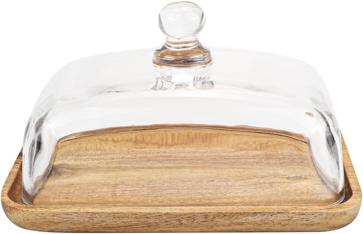 Glass Butter Dish with Lid Clear Glass Butter Keeper Container for Butter, Cream Cheese, and Dessert Cake(Acacia)