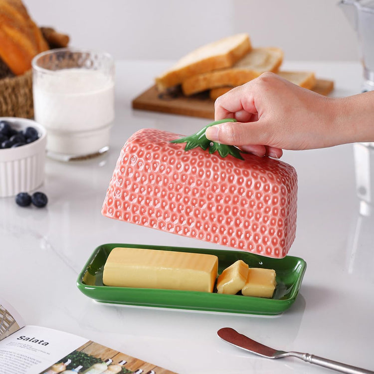 Ceramic Strawberry Butter Dish with Lid for Countertop, Kitchen Butter Keeper, Serving Tray with Cover, Butter Storage Container, Butter Holder, Holds 1 Stick (Pink, Large)