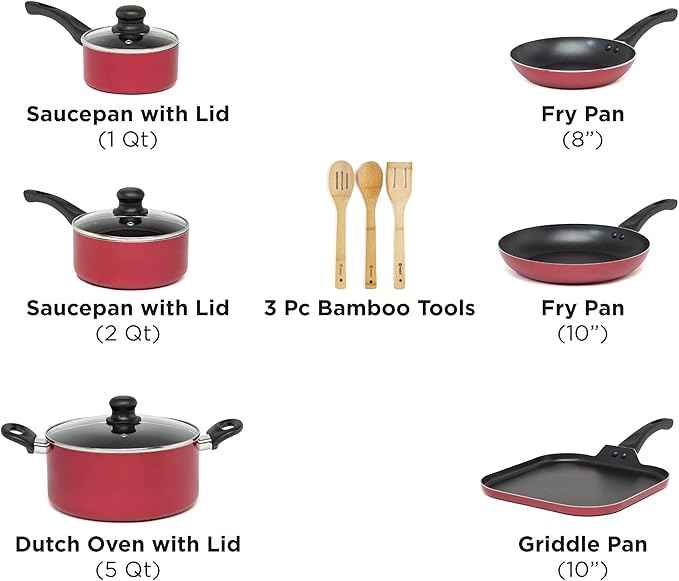 Ecolution Easy Clean Nonstick Cookware Set, Dishwasher Safe Kitchen Pots and Pans Set, Comfort Grip Handle, Even Heating, Ultimate Food Release, 12-Piece, Red
