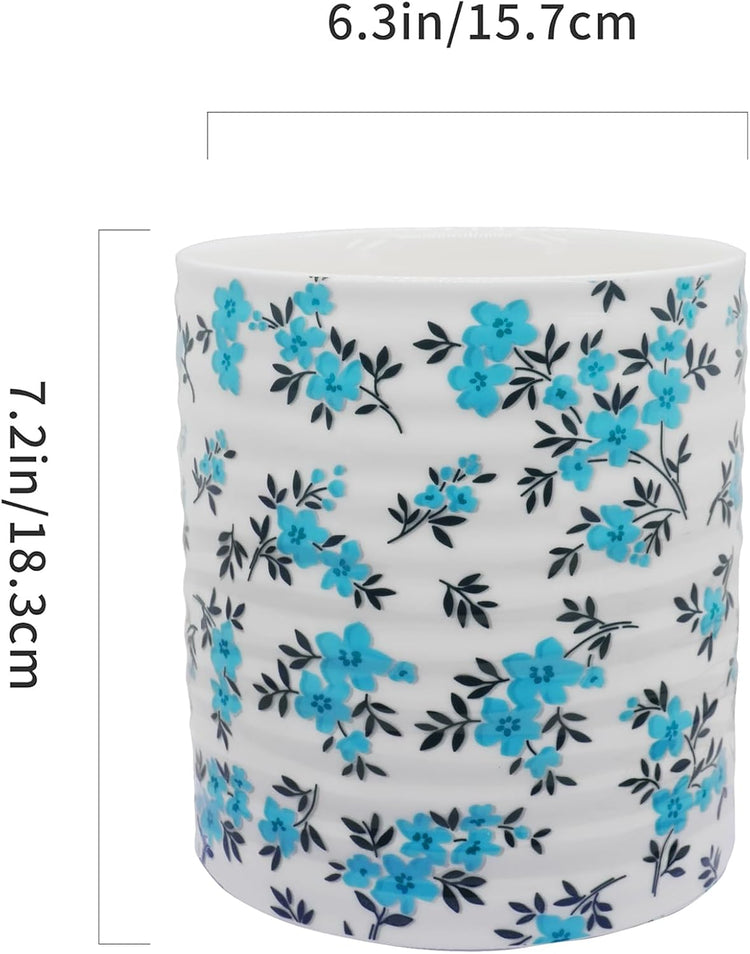 Kitchen Utensil Holder,7.2″Extra Large Stable Pattern Ceramic Utensil Crock,Utensil Organizer for Countertop,Kitchen Decor,Utensil Holder for Housewarming,Wedding Gift (Teal Blue)