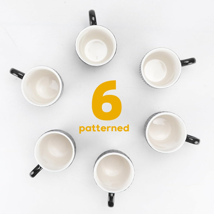 Schliersee 12 OZ Black Ceramic Coffee Mugs Set 6, Stylish Embossed 6 Patterns Coffee Cups Set for Coffee, Tea, Milk, Cocoa, Cereal, Water, Microwave Safe