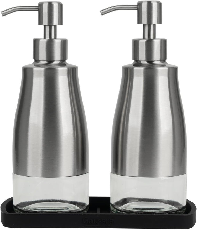 Kitchen Soap Dispenser Set with Silicone Tray and Stickers - Brushed Nickel, Stainless Steel Glass Soap Dispenser Bathroom, Refillable Hand Dish Soap Dispenser for Kitchen Sink