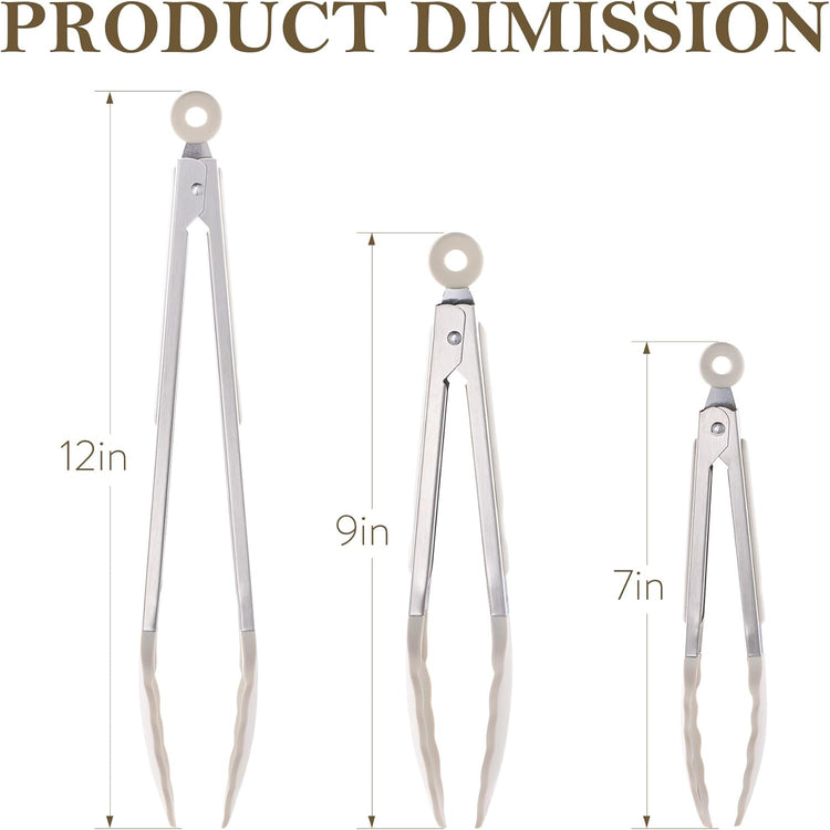 CAROTE Tongs for Cooking 428ºF Heat Resistant Locking Stainless Steel Kitchen Tongs with Non Scratch Silicone Tips, Perfect for Nonstick Cookware, BBQ Tongs Set of 3 (7"+9"+12")