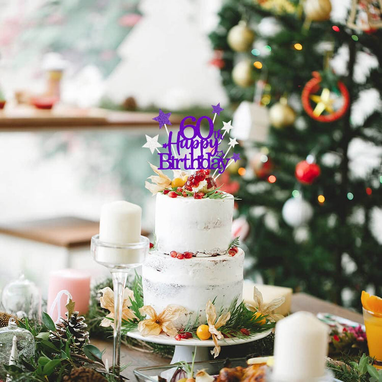 Purple Silver 60th Birthday Cake Topper with Glittery Stars (7 Count)