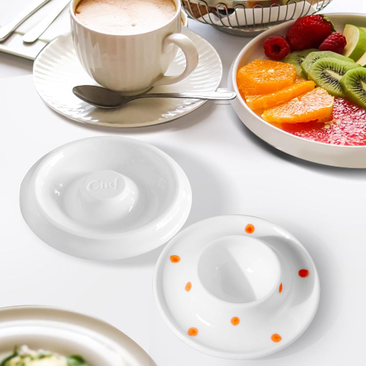 Cinf Ceramic White Egg Holder Set of 2 Porcelain Holder Breakfast Boiled Cooking Easy to Clean Childhood Memories Kitchen(Orange Dot)