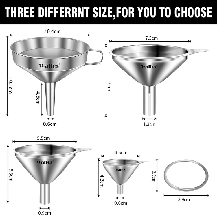 Stainless Steel Funnel, Walfos 4 Pack(4in、3 in、2.2 in、1.7in Kitchen Funnel with 2 Removable Strainer & 1Pcs Cleaning Brush, Perfect for Transferring of Liquid, Oils, Jam, Dry Ingredients & Powder