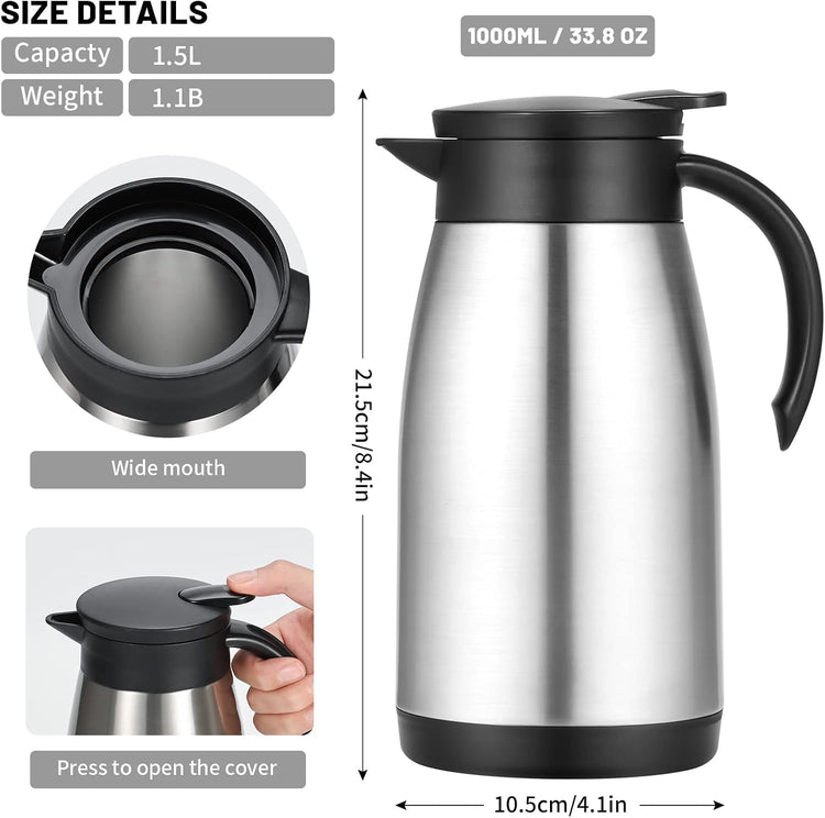 34 Oz Thermal Carafe, Insulated Stainless Steel Coffee Carafes for Keeping Hot Coffee & Tea for 12 hrs and Cold for 24 hrs, 1L/Silver