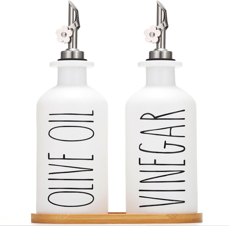 HOMCDALY Premium Olive Oil Dispenser for Kitchen, 11.8oz Glass Oil Bottles with Bamboo Tray, White Oil&Vinegar Cruet Set, Kitchen Dispenser Bottles with Pourer| Set of 2 (11.8oz –P–White)