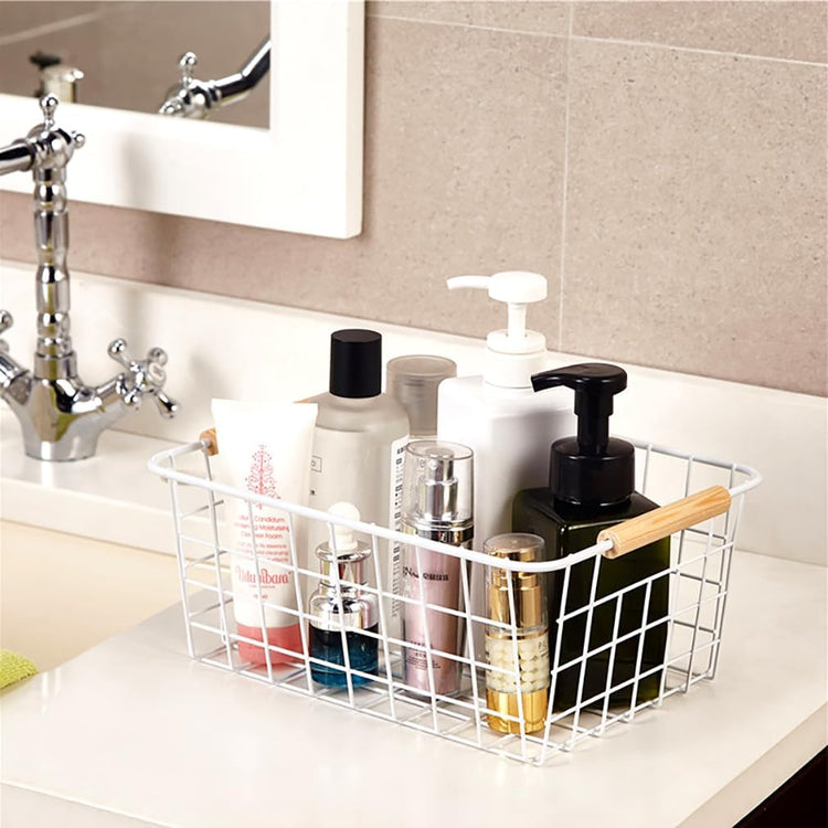 LeleCAT white wire baskets for organizing with Wooden Handles Storage Organizer Baskets, Household snack basket for Cabinets, Pantry, Closets, Bedrooms, pantry organizers and storage - Set of 2(White)