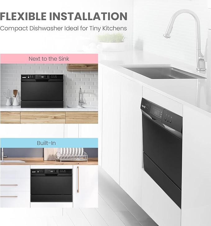 COMFEE’ Countertop Dishwasher, Energy Star Portable Dishwasher, 6 Place Settings, Mini Dishwasher with 8 Washing Programs