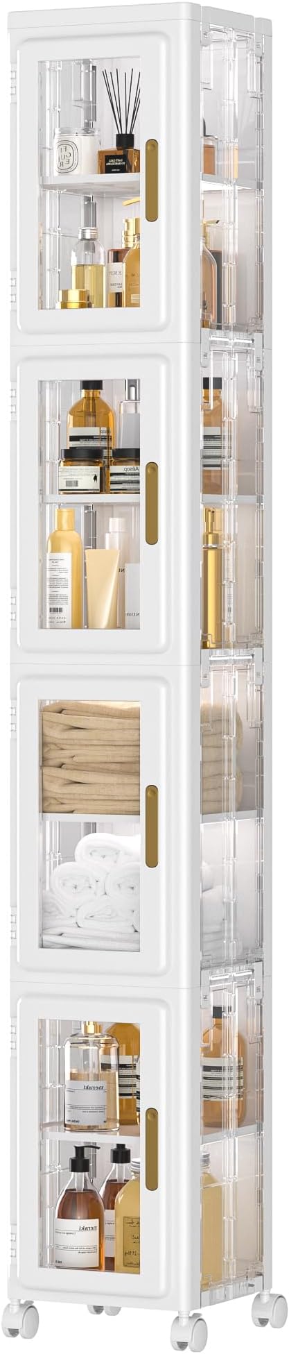 VECELO 4 Tier Tall Plastic Slim Storage Cabinet with Lockable Wheels, Adjustable Shelves, Anti-Tip for Bathroom, Living Room, Laundry Room, Kitchen, Narrow/Small Space, Easy Assembly, Clear