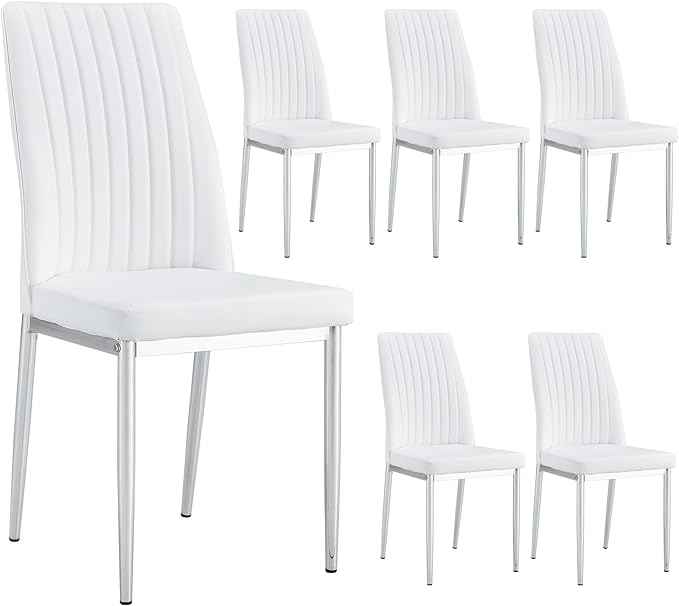 White Modern Dining Chairs Set of 6 PU Leather Armless Upholstered Chair for Dinner Room, Waiting Room