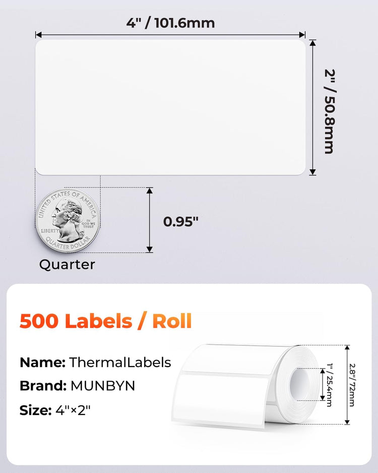 MUNBYN 4” X 2” Direct Thermal Labels, Thermal Printer Stickers, Strong Adhesive & Perforated Labels Paper for Barcode, Mailing, 500 Sheets/1 Roll