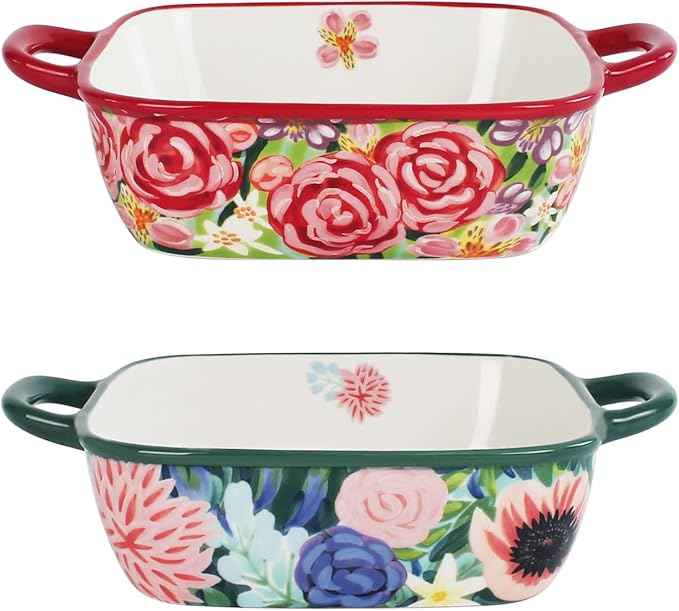 Two-piece square ceramic baking pan set: Hand-painted floral ceramic baking pans with double handles, suitable for baking, cooking, kitchens, restaurants, etc.(Combination 2)