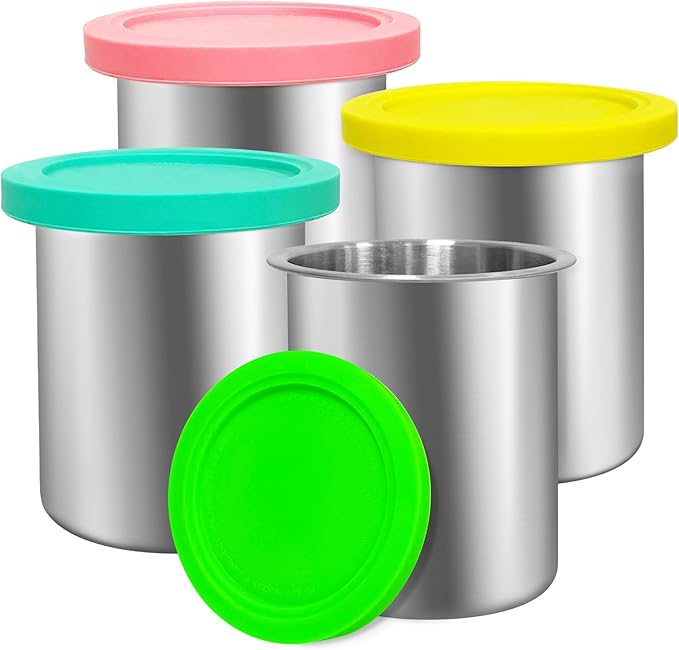 Stainless Steel Fit for ninja Creami Deluxe Containersā 4 Pack, Compatible with Ninja Creami CN501CO,NC501, NC500 Delux XL Series, Silicone Lids, BPA-Free, Dishwasher Safe, 5 Years Warranty