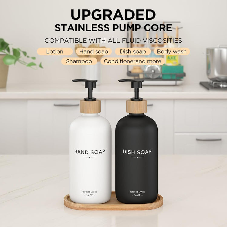 Hand and Dish Soap Dispenser Set,16oz Glass Bottles with Printed Labels, Bamboo Tray & Pump,Countertop Soap Dispensers for Kitchen,Luxury, Minimalist & Farmhouse Decor (Hand Dish (Black/White))