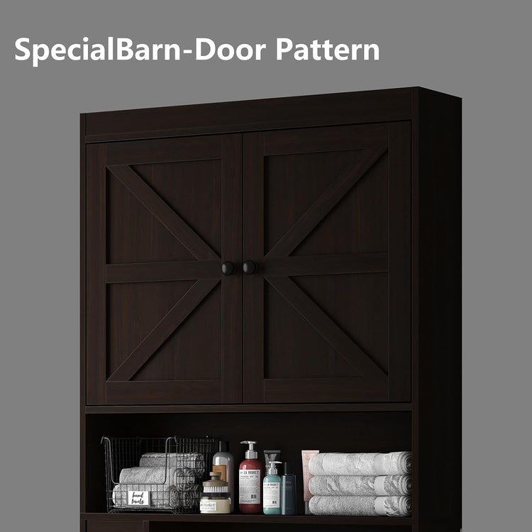 Furnideco 32.3''W Over The Toilet Storage Cabinet with Barn Doors, Over Toilet Shelf Farmhouse Storage Cabinet Space Saver with Toilet Paper Holder & Adjustable Bottom Bar, Espresso