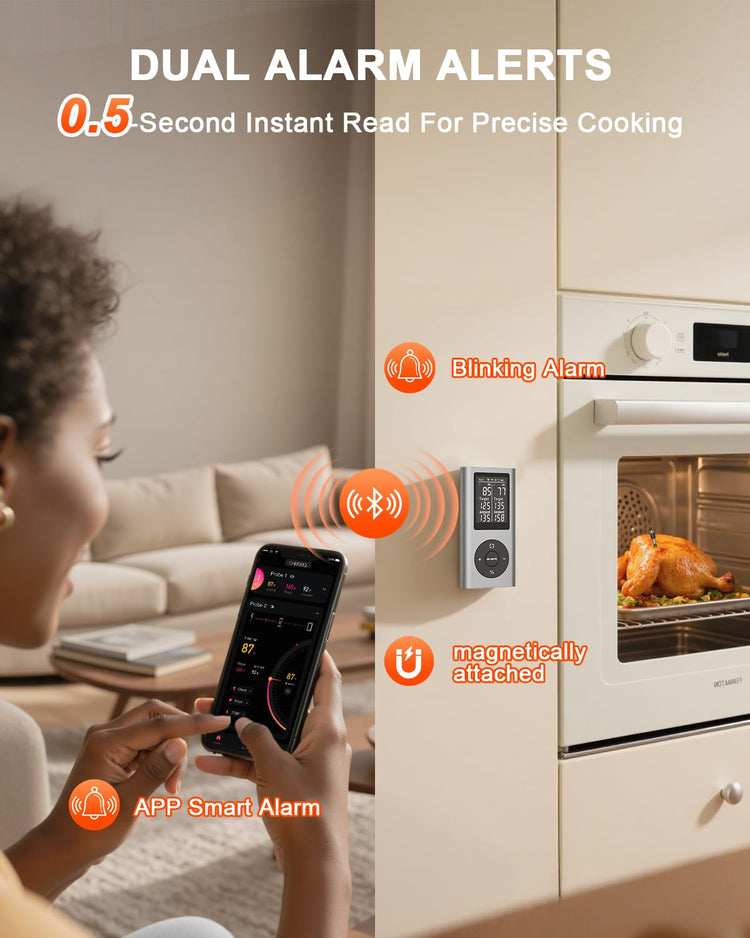 Wireless Meat Thermometer with Smart Timer & APP Alerts, 800ft Bluetooth Grill Food Thermometer, Dual 0.19In-Ultra Thin Probes, ±0.5℉ Accuracy, Big Digital Backlit Screen, for BBQ, Oven, Smoker