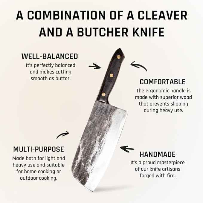 COOLINA Kapeni Butcher Knife, Handmade Forged Multipurpose Meat Cleaver Knife for Kitchen, Home and Outdoor Cooking, Rugged Blade