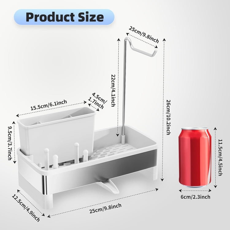 Stainless Steel Sink Caddy, Sponge Holder for Kitchen Sink with Brush Holder & Dishcloth Rack, Rustproof Sink Organizer Countertop, Kitchen Organizers Storage Essentials (E-White)