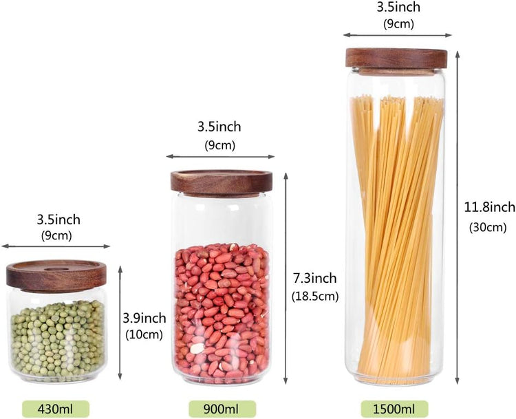 Glass Canisters Set of 5 for the kitchen, Glass Storage Container jars with Airtight Acacia Lid for Coffee Beans, Flour, Sugar, Rice and Spaghetti and etc
