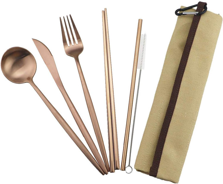 Gugrida Reusable Travel Utensils, 7 Piece Portable 304 Stainless Steel including Knife Fork Spoon Chopsticks Cleaning Brush Straws Portable Pouch, Eco-friendly Camping Silverware Set, Dishwasher Safe