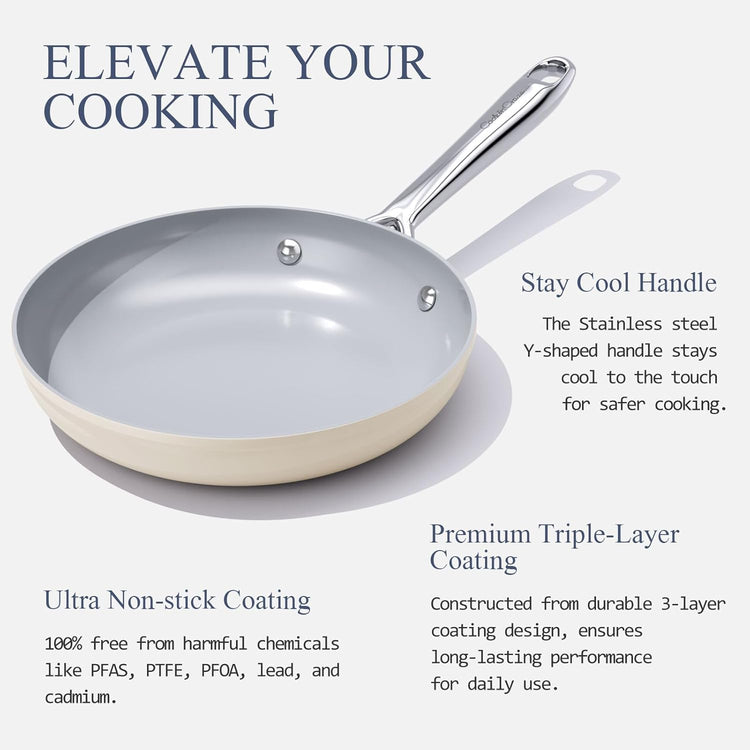 Nonstick Ceramic Frying Pan 10 Inch for Induction Cooktop - Non Toxic, PTFE/PFOA/PFAS Free, Oven & Dishwasher Safe up to 500ยฐF - Non Stick Small Skillet with Stay-Cool Handle - Cream