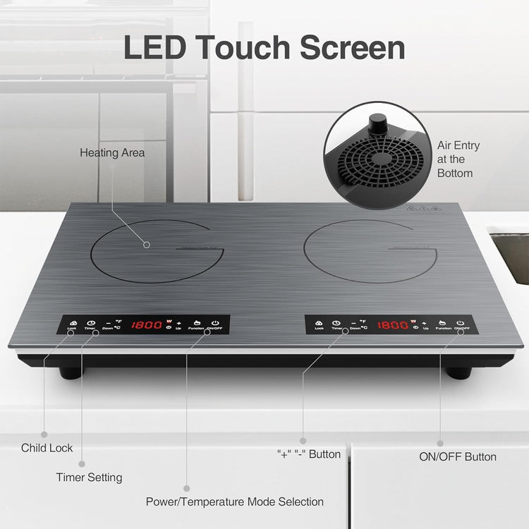 VBGK Double Induction Cooktop, 24 inch 4000W Electric cooktop with hot plate, induction stove top with LED Touch Screen 9 Levels Settings with Child Safety Lock & Timer 110V Induction cooktop 2 burner