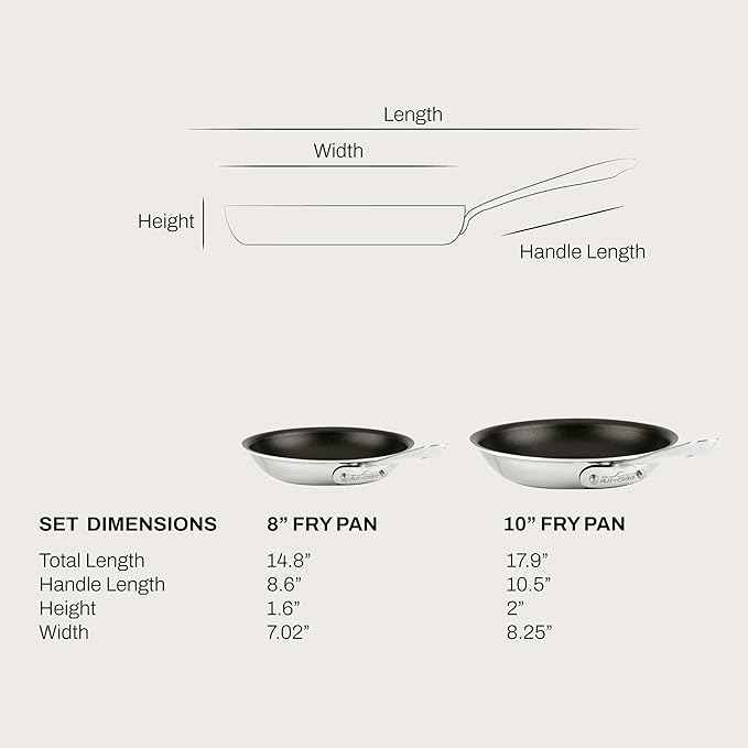 All-Clad Stainless Steel Pro Nonstick Frying Pan Set โ 8 & 10 Inch Skillets, Induction Compatible, Oven & Broiler Safe to 500ยฐF, Professional Cookware, Silver