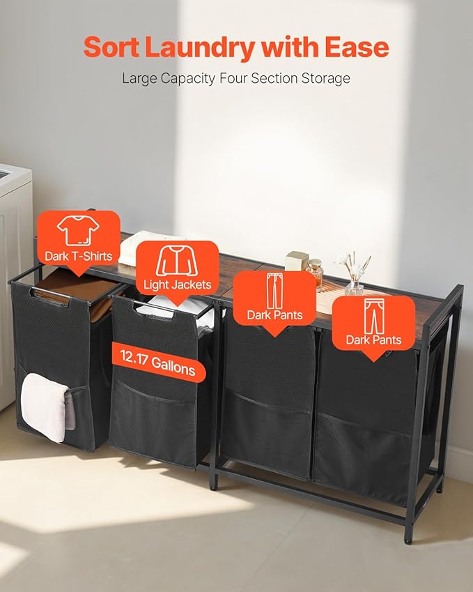 VEVOR 4 Section Laundry Sorter, Large Laundry Hamper with Metal Frame and Wooden Tabletop, Freestanding Storage Organizer Baskets with Pull-Out 600D Oxford Cloth Bags for Dirty Clothes, Bathroom