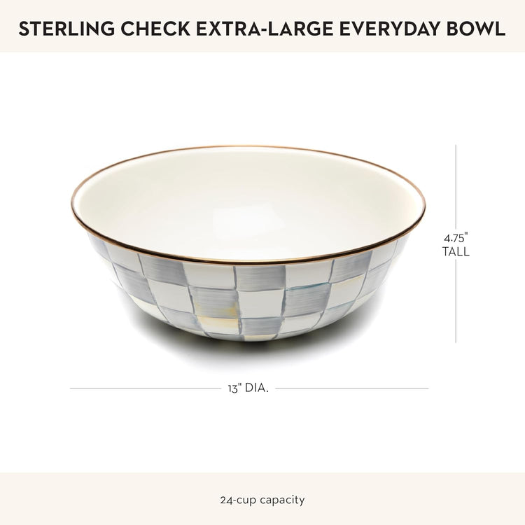 MACKENZIE-CHILDS Enamel Everyday Bowl, Serving Bowl for Entertaining, Extra-Large, Gray-and-White Sterling Check, Set of 1