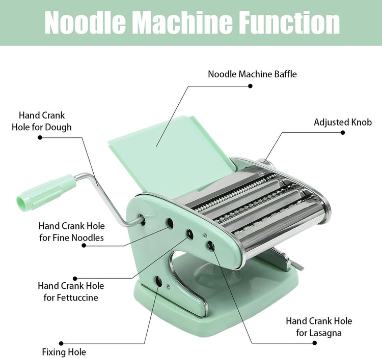 Pasta Maker Machine-6 Adjustable Thickness Settings, Adjustable Clamp, stainless steel Construction for Spaghetti, Fettuccini, Lasagna, Dumpling Skins (Green pasta maker)