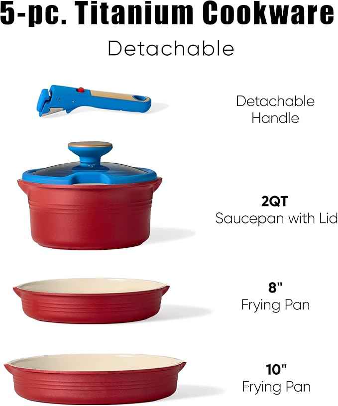 CAROTE 5Pcs Titanium Cookware Set, Pots and Pans Set Non Stick, Kitchen Cooking Set with Detachable Handle, Non Toxic Induction Cookware, Dishwasher/Oven Safe,Memphis Design