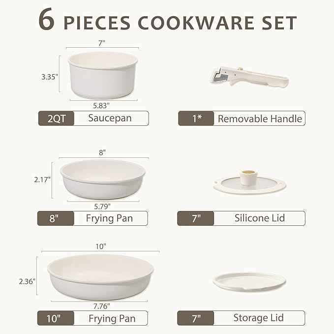 CAROTE 6pcs Pots and Pans Set Non Stick, Cookware Sets, Kitchen Set, Oven/Fridge Safe, Space Saving Pots Set, Nonstick Cooking Set with Versatile Detachable Handle, Induction RV Set