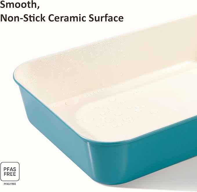 CAROTE 6-Piece Nonstick Ceramic Baking Pans Set - Bakeware Sets Including Cookie Sheets for Baking, Muffin Pan, Bread Pan, Cake pan, Loaf Pan, Cooling Rack, Light Blue & Cream White