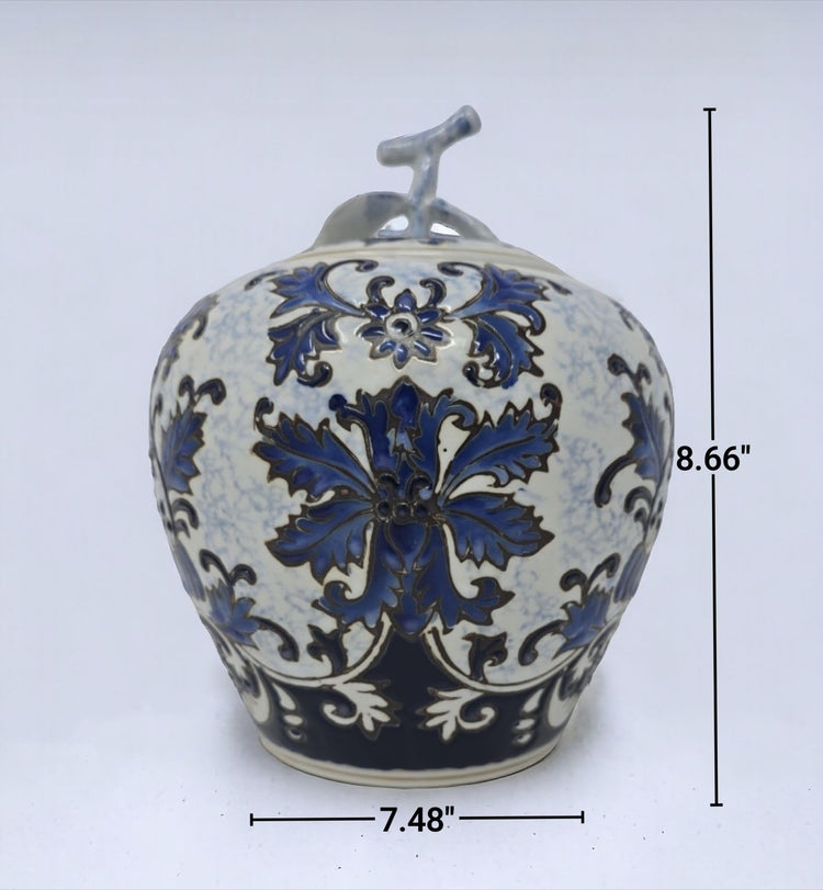 Blue and White Porcelain Tea Canister with Ginger Leaf Lid