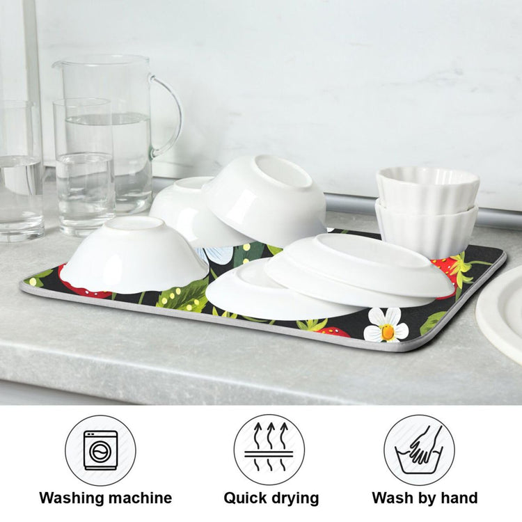 Strawberries White Flowers Dish Drying Mat for Kitchen Counter Absorbent Microfiber Drying Pad