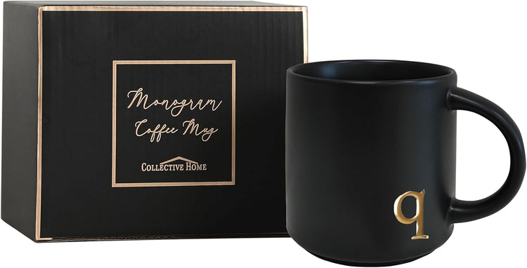 COLLECTIVE HOME - Black Monogram Ceramic Mugs, 15 oz Golden Initial Coffee Cups, Elegant Alphabet Tea Mugs, Personalized Halloween Mug with Gift Box, Perfect for Office and Home Décor (q)