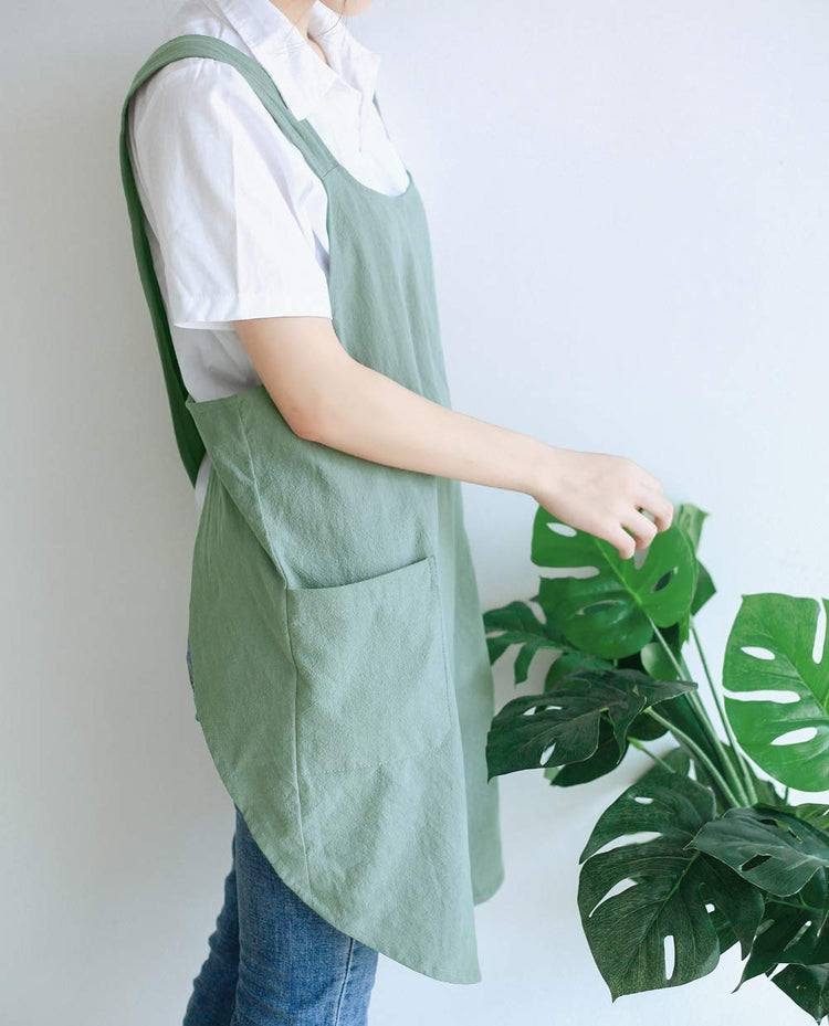 Japanese Linen Cross Back Kitchen Cooking Aprons for Men with Pockets for Baking Painting Gardening Cleaning Light Green