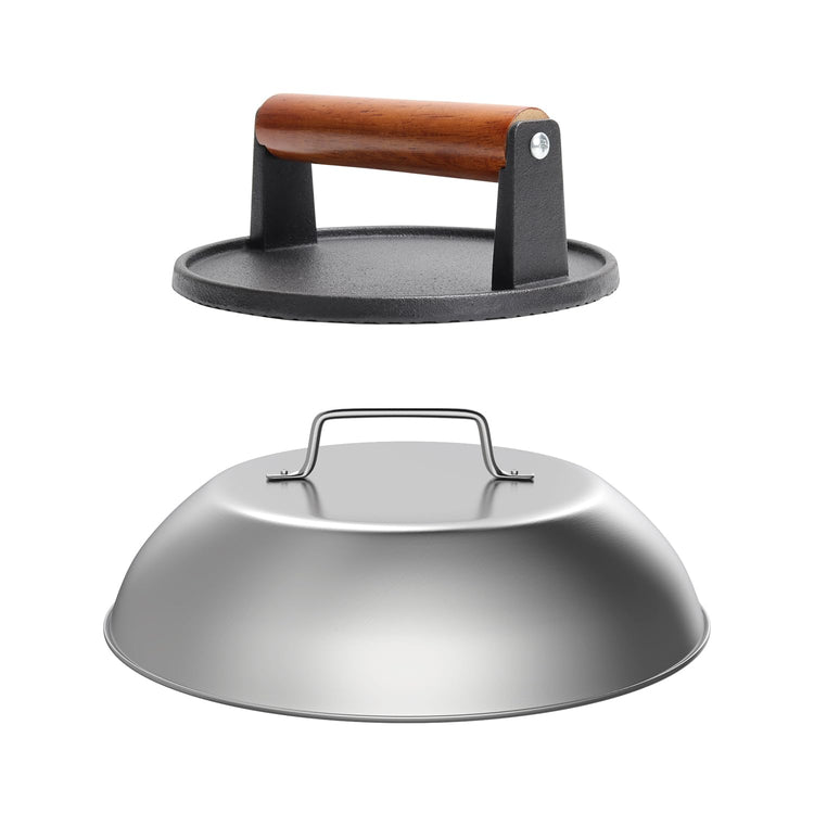 Round Griddle Basting Cover Dome&Cast Iron Burger Press for Flat Top Grills