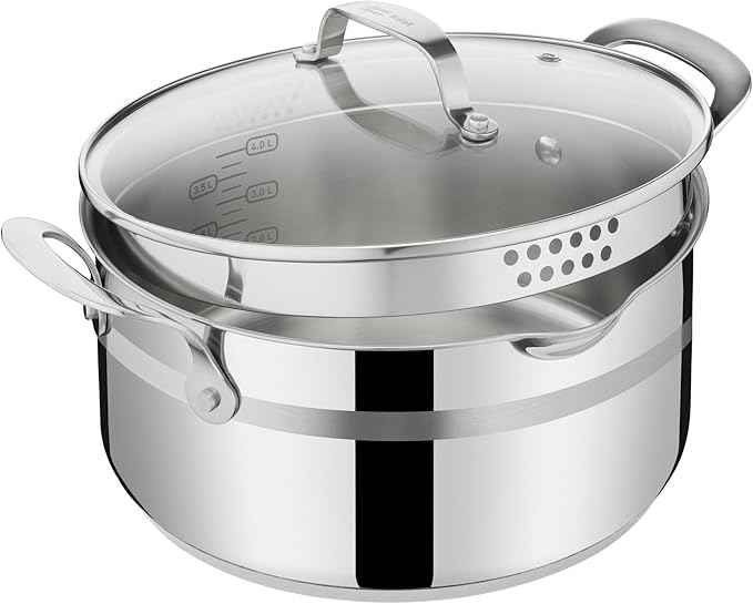 Jamie Oliver by T-fal Cook Smart 10-Piece Cookware Set, Uncoated Stainless Steel, Robust, Fast Heating, Even Cooking, Riveted Handle, Induction safe, Oven and dishwasher safe