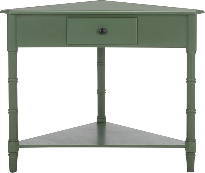 SAFAVIEH Home Collection – Gomez Dusty Green Corner Table, 1-Drawer Space-Saving Triangle Accent Table, Classic Turned-Leg Design (AMH5709J)