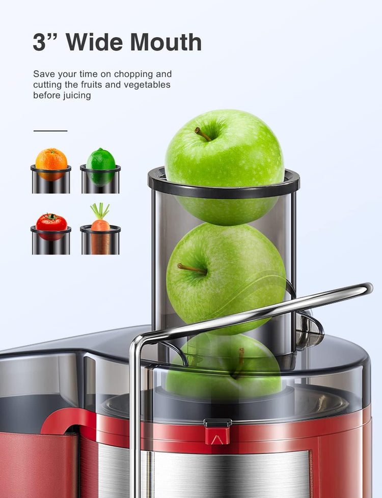 QCen Juicer Machine, 500W Centrifugal Juicer Extractor with Wide Mouth 3” Feed Chute for Fruit Vegetable, Easy to Clean, Stainless Steel, BPA-free (Red)