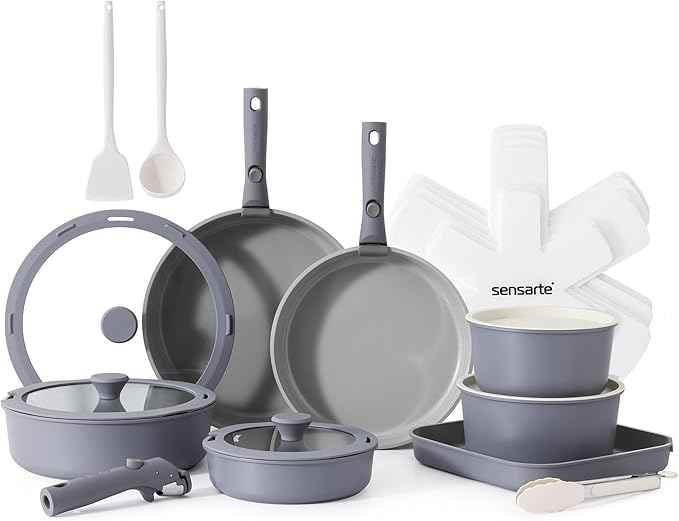 SENSARTE 24 Piece Ceramic Pots and Pans Set, Nonstick Detachable Handle Cookware, Induction Kitchen Cookware Set with Removable Handle, Healthy Non Stick for RV, Dishwasher&Oven Safe, PFOA Free (Gray)