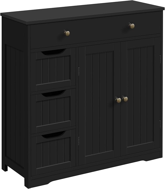 Yaheetech Bathroom Floor Cabinet, Large Storage Cabinet with 4 Drawers & 2 Doors, Free-Standing Cupboard for Kitchen, Bathroom, Entryway, Black