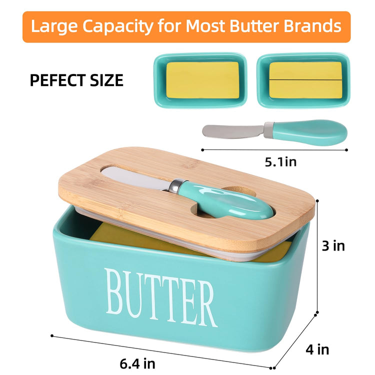 Ceramic Butter Dish with Bamboo Lid and Stainless Steel Knife Spreader