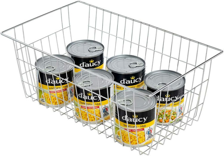 SANNO Freezer Baskets for Storage Pantry Large Metal Wire Food Storage Organizer Bin Basket with Handles - for Kitchen Cabinets, Pantry, Bathroom, Laundry Room, Closets, Garage - Chrome,2 pack
