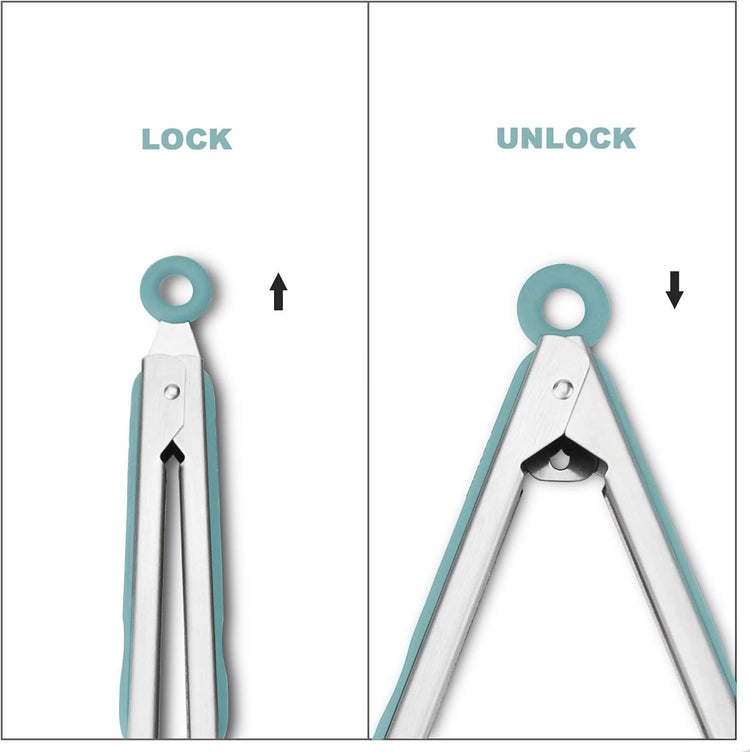 304 Stainless Steel Kitchen Cooking Tongs, 9" and 12" Set of 2 Sturdy Grilling Barbeque Brushed Locking Food Tongs with Ergonomic Grip, Aqua Sky