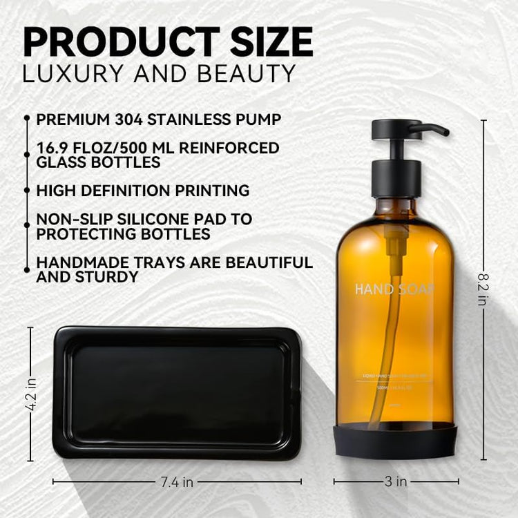 Glass Kitchen Soap Dispenser Set with Ceramic Tray,16.9 floz Hand and Dish Soap Dispenser for Kitchen and Bathroom Decor,Amber Kitchen Accessories(Amber Bottles + Black Pumps)